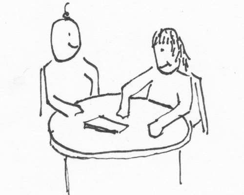 Childish and humorous line drawing of an individual conference between a writing teacher and a student.