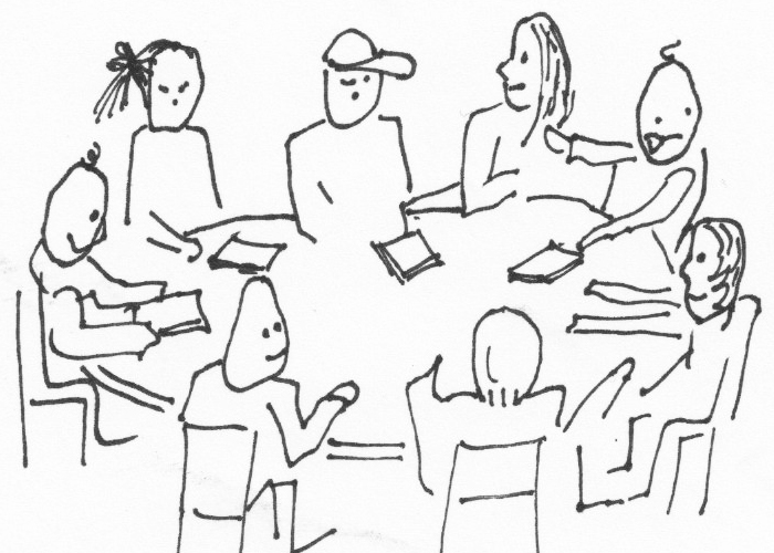 Childish drawing of workshop meeting about a manuscript.