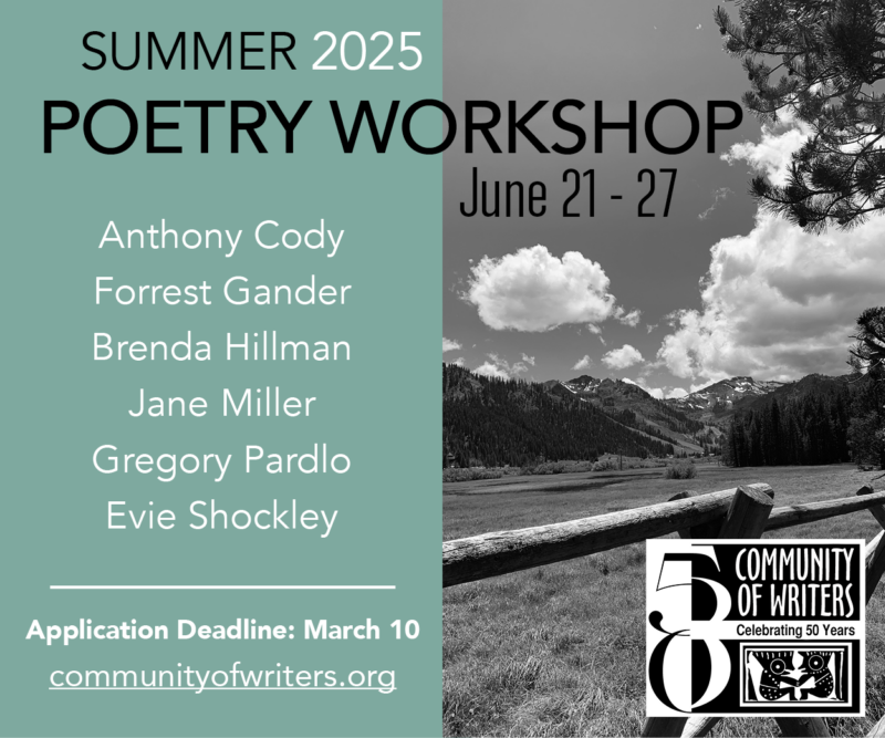 Graphic of Ad for Summer Poetry Program at the Community of Writers. Includes a black and white image of Olympic Valley.