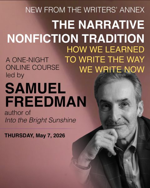 Art promoting the online course led by Columbia Journalism Professor Samuel Freedman. The course is hosted by the Writers' Annex, a program of the Community of Writers.